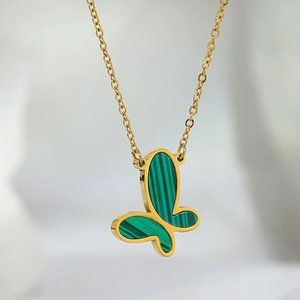 NEW 18K Gold Plated Green Malachite Butterfly Necklace